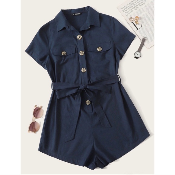 Solid button front belted utility romper - Picture 1 of 10